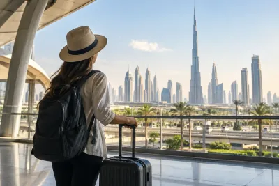 First-time visitor with luggage looking at the Burj Khalifa