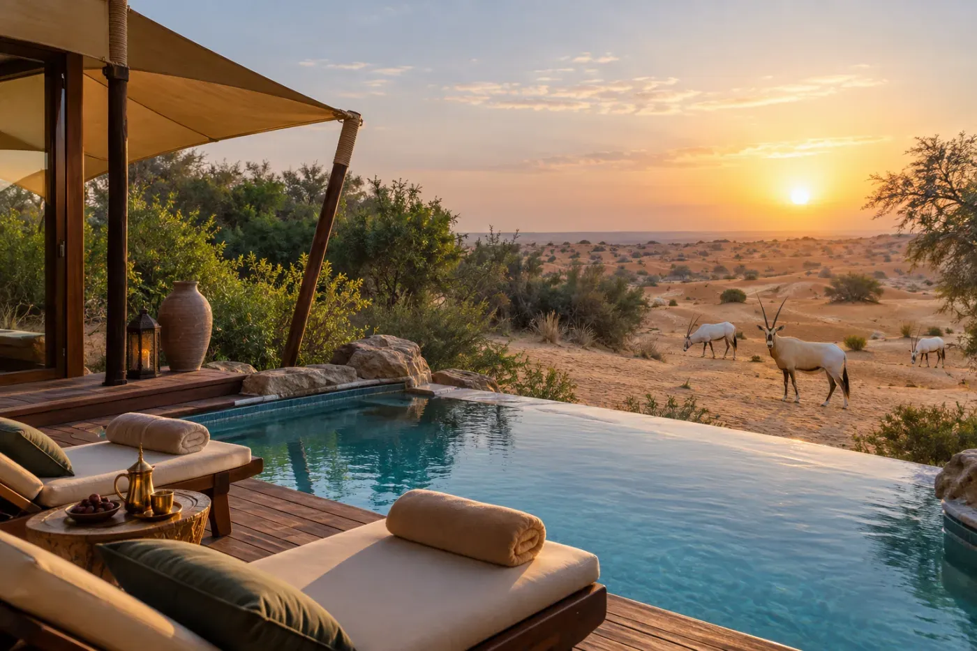 Al Maha Desert Resort — private pool, wild oryx