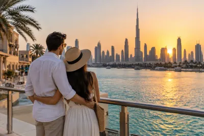 Couple watching sunset over the Dubai skyline
